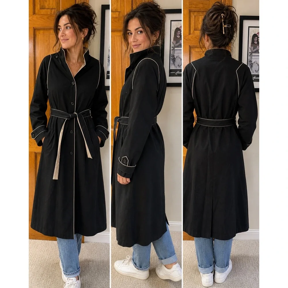 Foxland Belted Trench Coat Black Contrast Piping Long‎ Jacket Womens Lightweight